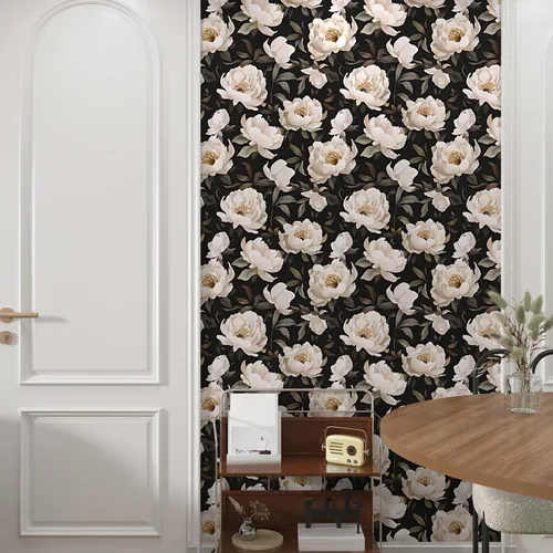 Vista 3 de Papel tapiz floral para despegar y pegar, papel de contacto negro/beige, flores de peonía grandes de 17.5 x 118 pulgadas, papel mural vintage