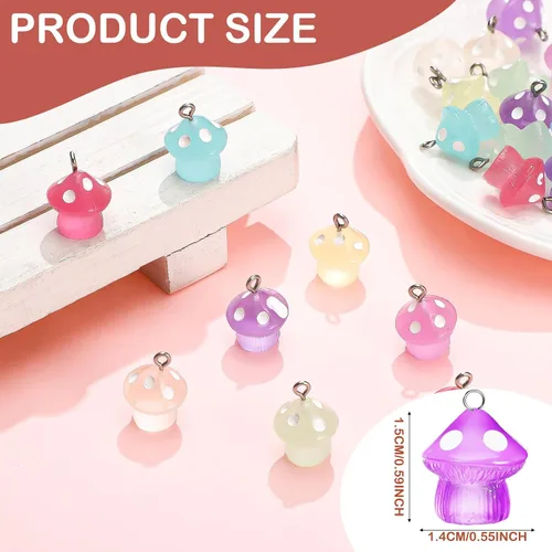 Vista 3 de Junkin Dijes de hongos luminosos de resina con dije de hongo, lindas cuentas, encantadores colgantes de joyería para pulseras, collares, aretes