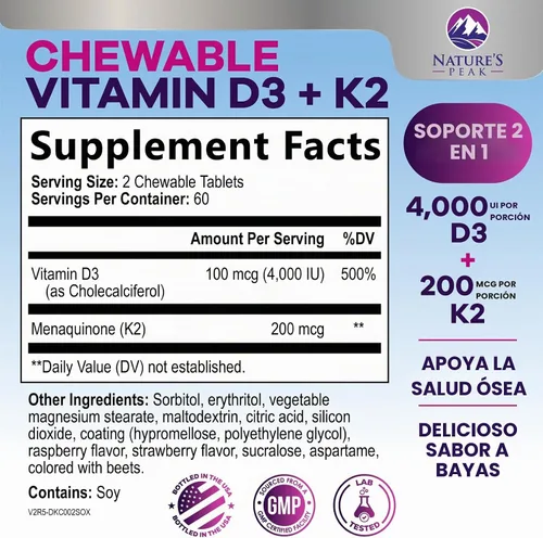 Vista 2 de Vitamina D3 K2-4000 UI Vitamina D3 y 200 mcg Vitamina K2 MK-7 – Apoyo a la salud ósea, corazón e inmune – Absorción de calcio – D3K2 sabor a bayas