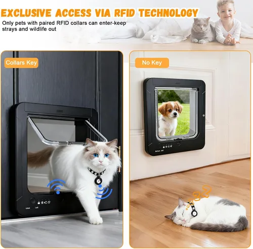 Vista 3 de Puerta inteligente para gatos para interior y exterior, puerta para mascotas con 3 llaves de sensor de collar y 1 control remoto y bloqueo de 4 vías