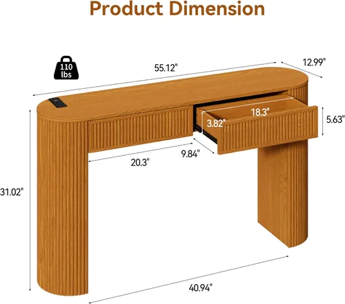 Vista 10 de Mesa consola acanalada de 55 pulgadas con 2 cajones y luces LED, mesas de entrada con estación de carga, mesa de sofá estrecha detrás del sofá, mesa