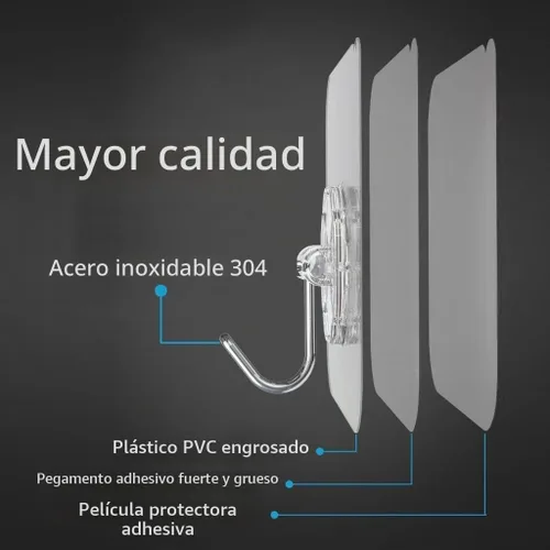 Vista 2 de Gancho adhesivo de pared, juego de ganchos autoadhesivos resistentes y engrosados, 16 piezas, carga máxima de 33 libras, transparente, impermeable