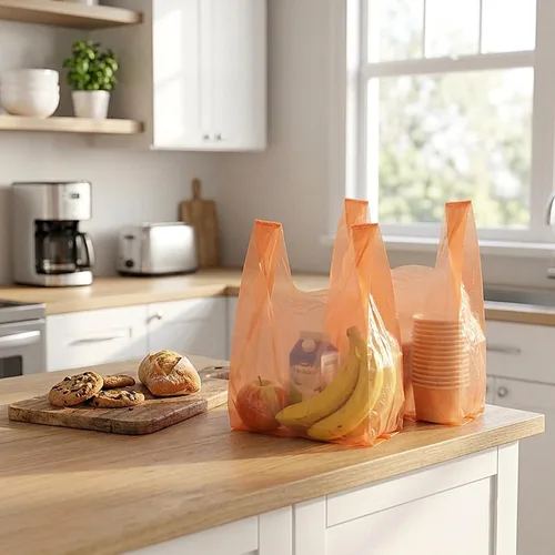 Vista 4 de LazyMe Bolsas de plástico para camisetas con asas a granel para compras y restaurantes, 12 x 20 pulgadas (naranja, 100 unidades) Plastic Grocery