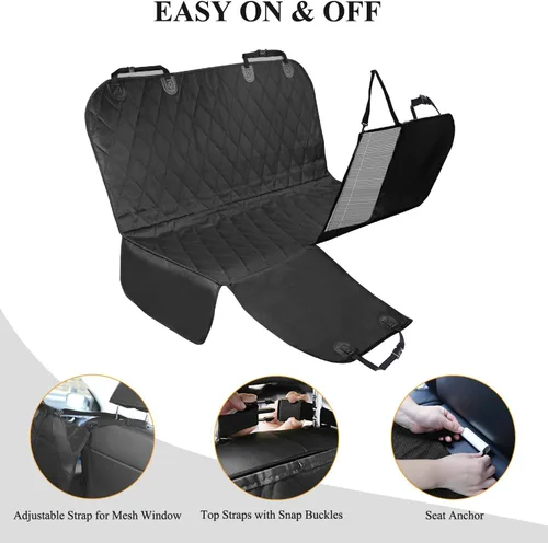 Vista 5 de VIVAGLORY Funda de asiento de perro para asiento trasero, ventana visual de malla con correa adicional y hebillas para mayor seguridad, fundas
