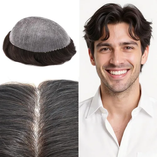 Vista 87 de Toupee para hombres Sistema de reemplazo de cabello humano real para hombres Completo PU Mens Hairpiece de aspecto natural para hombre piezas