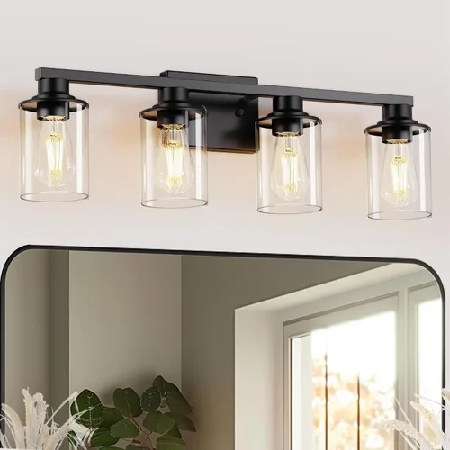 Vista 14 de L LOHAS LED Lámparas de baño negras de 2 luces, accesorios de iluminación modernos sobre espejo con pantalla de vidrio transparente, luces