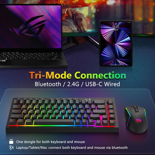 Vista 5 de Redragon Combo de teclado y mouse inalámbricos para juegos, Bluetooth/2.4G/USB-C con cable, retroiluminación RGB, teclado de membrana macro