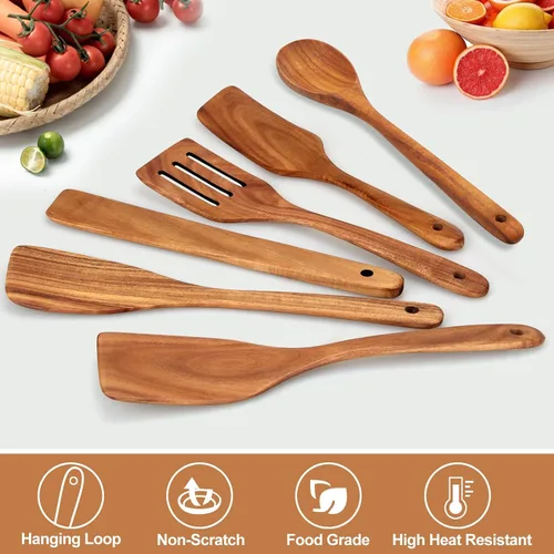 Vista 10 de Espátula de madera de acacia para cocinar cuchara no tóxica juego de 4 piezas