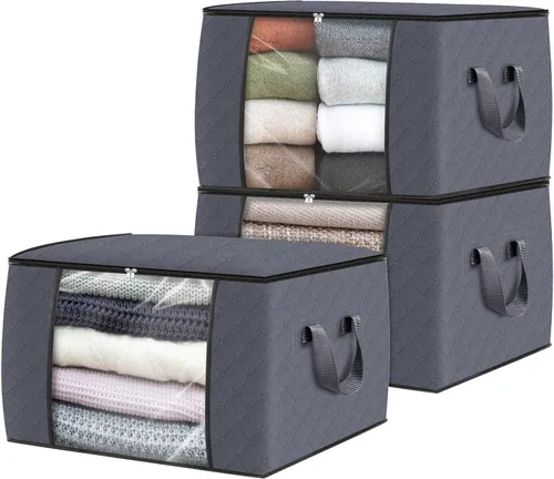 Vista 18 de Fab totes Paquete de 3 bolsas de almacenamiento plegables de tela gruesa, contenedores para organizar dormitorio, armario, ropa, edredón, Beige