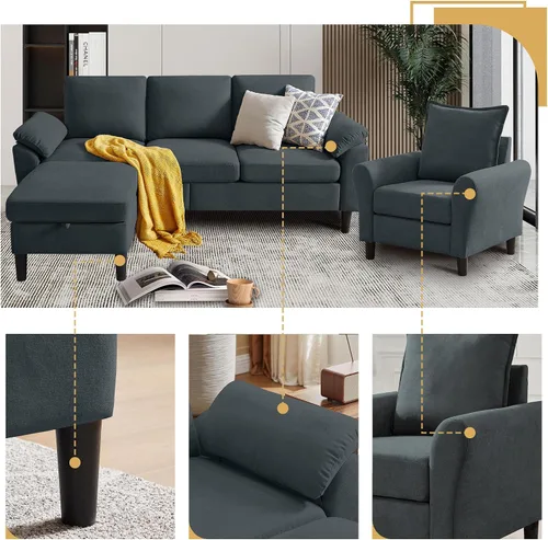 Vista 4 de Juego de 2 sofás para sala de estar, sofás convertibles en forma de L de 3 asientos con otomana y silla decorativa, sofá moderno de lino para Gris