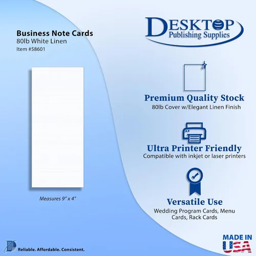 Vista 2 de White Linen - Tarjetas de menú de boda de 4 x 9 pulgadas, 100 tarjetas de menú de postre imprimibles, 80 libras (218 GSM) - Papel para programa