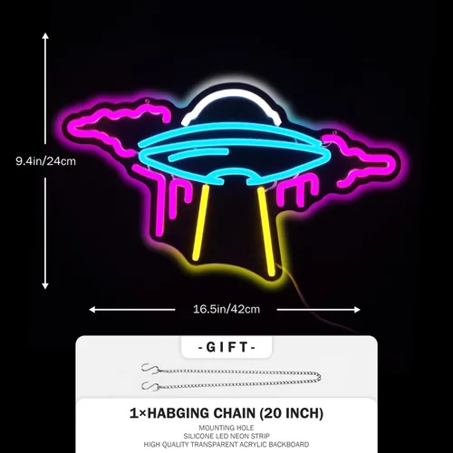 Vista 5 de Letrero de neón OVNI de nave espacial con luces LED de neón regulables para pared, letrero de neón OVNI para dormitorio, niños, espacio