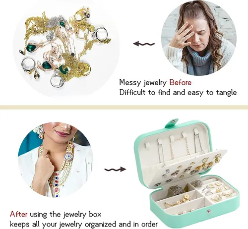 Vista 6 de YKUNIR Joyero pequeño de viaje, de piel sintética, organizador de joyas de doble capa, portátil, mini joyero para anillos, aretes, collares (verde)