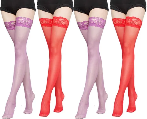 Vista 4 de FOMANN Medias de seda altas de encaje para mujer (4 pares) medias transparentes para mujer Beige