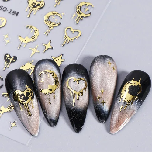 Vista 5 de Calcomanías líquidas para arte de uñas, diseño de mariposa, negro, plateado, mariposa, luna, 3D, autoadhesivas, suministros de arte de uñas