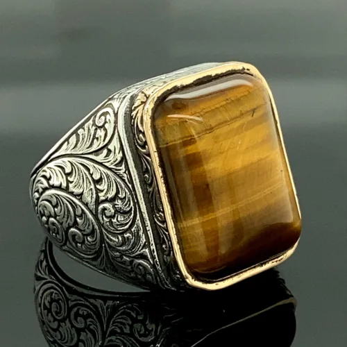 Vista 3 de Men Handmade Ring, Tiger Eye Stone Ring, Natural Tiger Eye Gemstone Ring, Turkısh Handmade 925k Sterling Silver Ring, Gift For Him