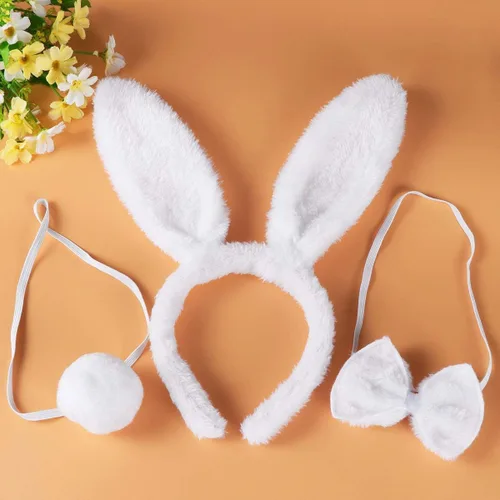 Vista 5 de Soochat Conjunto de disfraz de conejo para cosplay, accesorio de disfraz de orejas de conejo, diadema de cola para Pascua, Halloween, Navidad