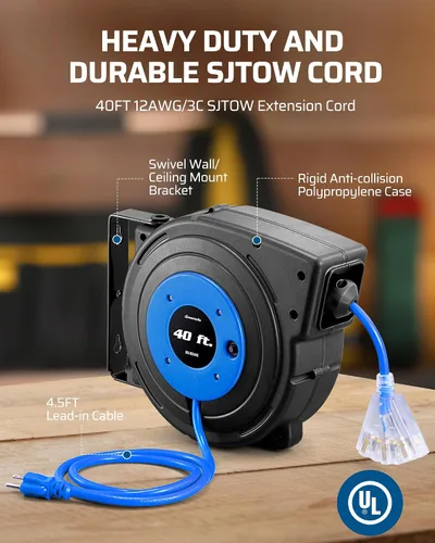 Vista 6 de DEWENWILS Carrete de Cable de Servicio Pesado, Cable de Extensión de Alimentación Retráctil de 40 Pies, 12AWG/3C SJTOW, 3 Tomas Triples Iluminadas