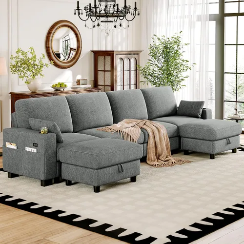 Vista 17 de Vipbear Sofá modular seccional, sofá de chenilla cómodo en forma de L de Marfil