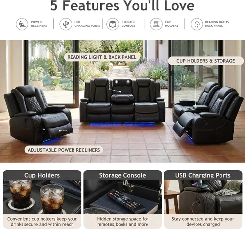 Vista 3 de Juego de sofá reclinable eléctrico, sofás reclinables de cuero negro, 3 piezas de sofá reclinable de cuero de aire y silla de dos plazas con luces