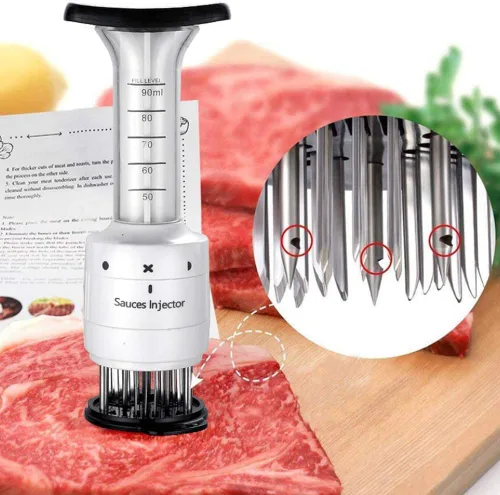 Vista 4 de Ablandador de carne e inyector profesional 2 en 1, cuchillas de aguja de acero inoxidable para carne, carne de res, pollo, ternera, cerdo, pavo