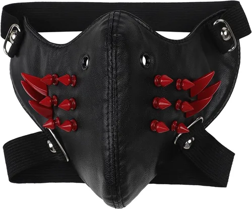Vista 3 de PURFUN Máscara de cuero con tachuelas punk con tachuelas, máscara gótica de Red Rivets