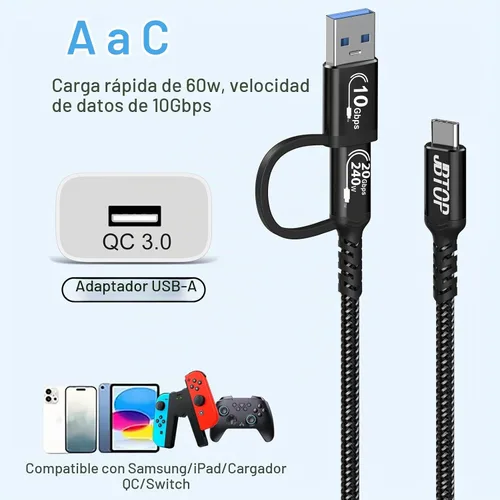 Vista 3 de Cable USB C 2 en 1 Android Auto de 1.5 pies [2 paquetes], USB-C de Negro