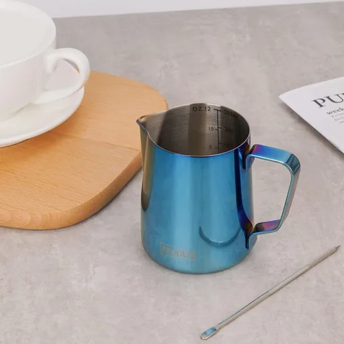 Vista 4 de Jarra de espuma de leche, jarra de vapor de café espresso de 12 onzas, accesorios para máquina de café capuchino de acero inoxidable, herramientas