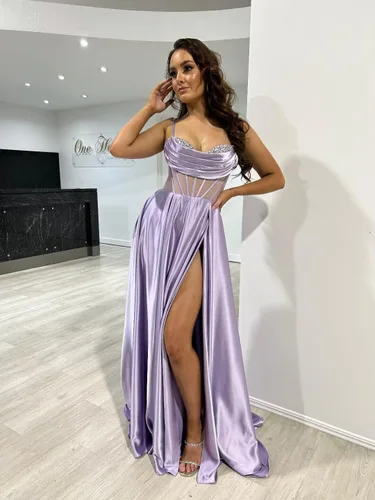 Vista 3 de TIRAS Vestidos de fiesta de satén con tirantes delgados para mujer, 2023, corsé largo con diamantes de imitación divididos, vestido de noche formal
