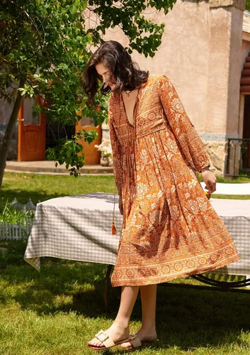 Vista 5 de R.Vivimos - Vestidos por debajo de la rodilla de estilo bohemio para mujer, vestido de manga larga, con estampado floral retro y cuello en V
