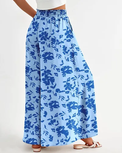 Vista 4 de BTFBM Pantalones casuales de cintura alta y pierna ancha para mujer, diseño floral, lisos, largos, palazzo, para descansar, playa, con bolsillo