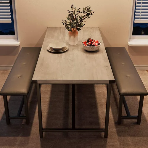 Vista 9 de CABIHOME Juego de mesa de comedor para 4, juego de mesa de cocina para 4 personas con bancos tapizados, juego de mesa de comedor rectangular