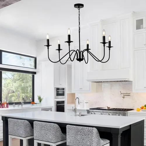 Vista 21 de Lámpara colgante estilo granja, luces colgantes negras para isla de cocina, luz colgante de metal industrial y madera vintage, lámpara de techo