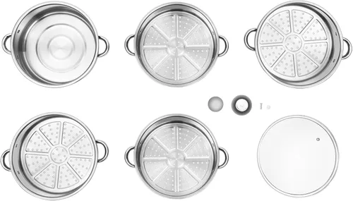 Vista 9 de Vaporizador de acero inoxidable de 5 niveles con asas, olla de vapor para cocinar carne y verduras con tapa y asa, olla de vapor redonda con sartén