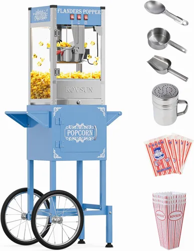 Vista 15 de Máquina de palomitas de maíz ROVSUN con carrito, ruedas y hervidor de 8 onzas, hace hasta 32 tazas, máquina de palomitas con cuchara para palomitas