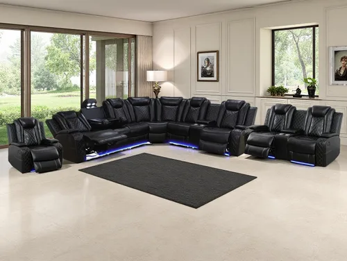 Vista 32 de Juego de sofá de cuero transpirable con puerto USB, 5 sofás seccionales reclinables en forma de L y 2 sillas, juego de sofá seccional reclinable