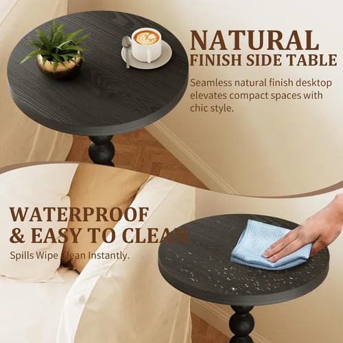 Vista 6 de Mesa auxiliar redonda, mesa de bebidas para espacios pequeños, mesita de noche moderna con patas de madera de goma para sala de estar, dormitorio