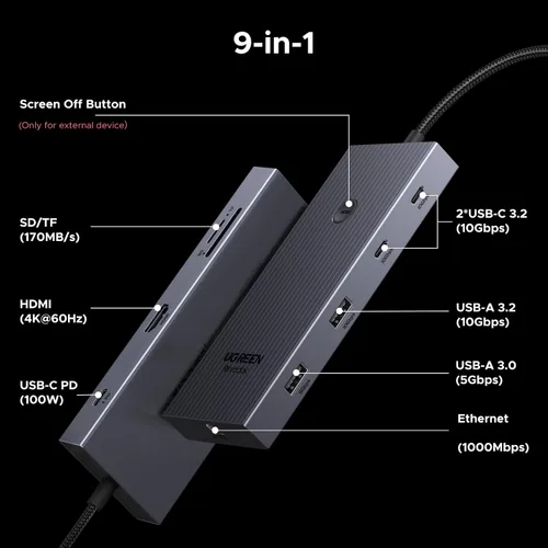 Vista 2 de UGREEN Revodok Pro 9 en 1 USB C Hub Adaptador Gigabit Ethernet HDMI 4K@60Hz, carga PD de 100 W, puertos de datos USB A, lector de tarjetas SD/TF
