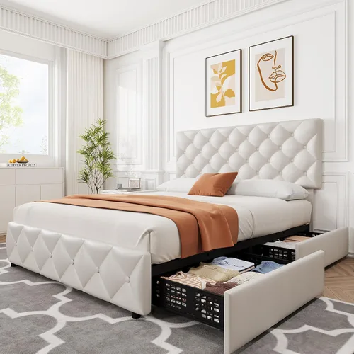 Vista 10 de IDEALHOUSE - Base de cama tamaño matrimonial con 4 cajones de almacenamiento y cabecera ajustable, camas con plataforma tapizada en lino, botones