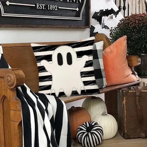 Vista 2 de Funda de almohada de fantasma de Halloween de 16 x 16 pulgadas, rayas blancas y negras con espeluznantes fundas de almohada de lino y algodón