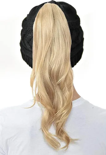 Vista 4 de ZOORON Gorro de cola de caballo para mujer, gorro de invierno de punto trenzado, cálido y desordenado