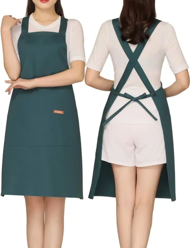 Vista 9 de NEWGEM Delantal 100% algodón con espalda cruzada para mujer con 2 bolsillos, correas de botón ajustables, sin dolor de cuello, delantal de chef