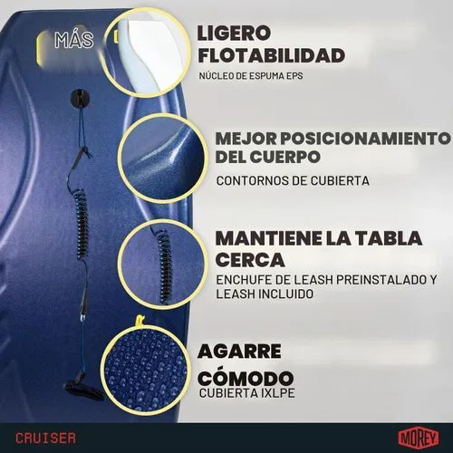 Vista 2 de MOREY® Cruiser, la tabla de bodyboard original; tablas corporales de tamaño completo de 42.5 pulgadas para playa, para todos los niveles