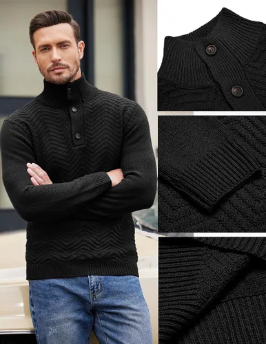 Vista 5 de COOFANDY Suéter de cuello alto Henley de punto trenzado para hombre