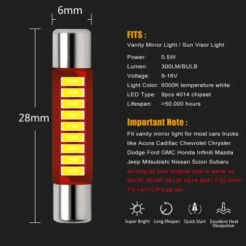 Vista 2 de Luz LED para espejo de vanidad y visera del sol, tipo fusible, 6000K, blanca, bombilla festón de 28mm para 12V, número de stock 6615F 6612F T-2
