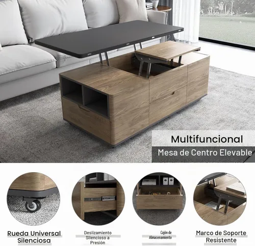 Vista 5 de Guyii - Mesa auxiliar elevable con 4 taburetes y ruedas, mesa central 3 en 1 con almacenamiento, mesa auxiliar marrón convertida en mesa de comedor