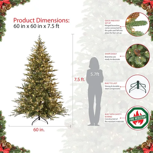 Vista 7 de Puleo International Árbol de Navidad artificial de abeto bálsamo preiluminado de 7.5 pies con 800 luces transparentes, verde