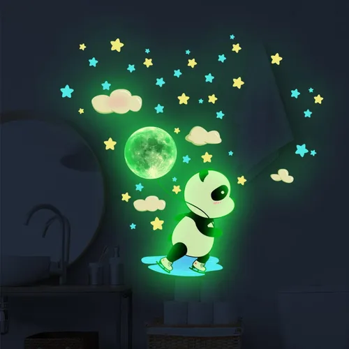 Vista 4 de Calcomanías de pared de panda que brillan en la oscuridad, 38 piezas de calcomanías fluorescentes de animales, estrellas, luna, nubes, niñas, bebés