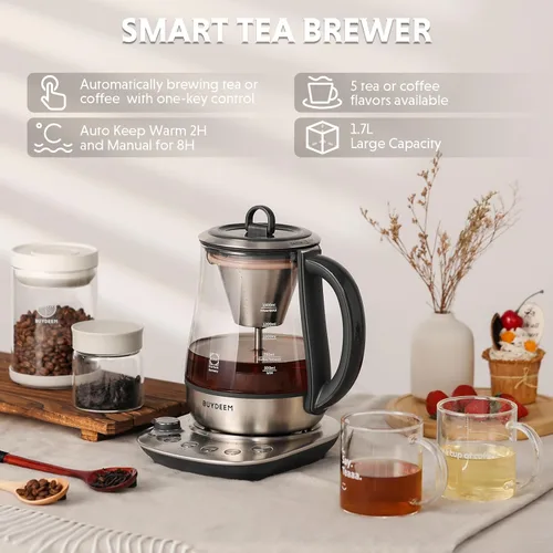 Vista 6 de BUYDEEM K176 - Tetera eléctrica multifuncional de acero inoxidable para preparar té y café, mantener el calor automático, 5 controles de sabor, 1.5L