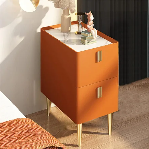 Vista 8 de Mesita de noche moderna de madera maciza con almacenamiento de 2 cajones, parte superior de mármol, práctica mesa auxiliar auxiliar para dormitorio